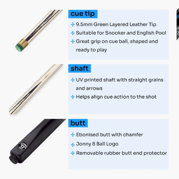 Jonny 8 Ball Panther 2 Piece UV Printed Snooker and Pool Cue and Case Set with 9.5mm Green Layered Tip + FREE Accessories