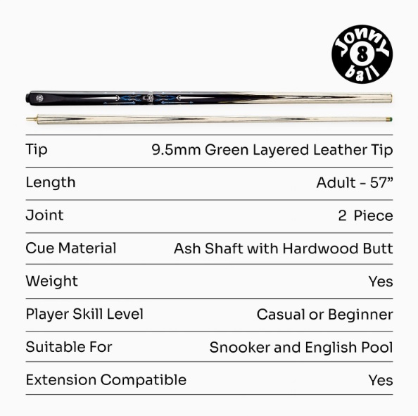 Jonny 8 Ball Panther 2 Piece UV Printed Snooker and Pool Cue and Case Set with 9.5mm Green Layered Tip + FREE Accessories
