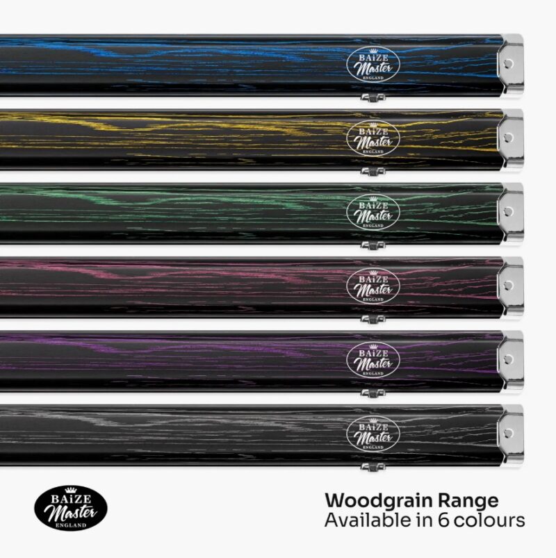 3 Piece Wood Grain Effect Pro Aluminium Cue Case with Metal Ends – Holds 2x Cues - Six Colours Available